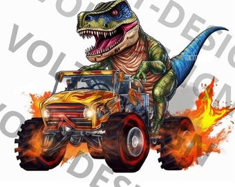 Grappige Trex-dinosaurus die op een monstertruck rijdt, png-bestand: shirtontwerp (digitale download)