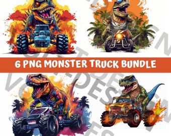 Grappige Trex-dinosaurusmonstertruck PNG-bundel - shirtontwerp (digitale download)