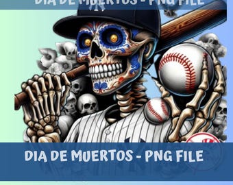 Grappig Dia de Muertos-honkbalskelet-png: New York shirtontwerp (digitale download)