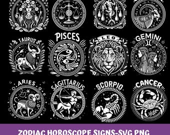 Zodiac Signs SVG Bundle: Astrology Horoscope PNG Vector (Digital Download)