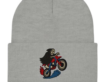 Grim Reaper Wheelie Beanie – Geborduurde motorstuntmuts