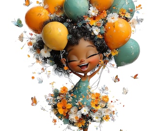 46 Floral Black Girl Birthday Clipart | Watercolor Party Balloons | Commercial Use JPG Download