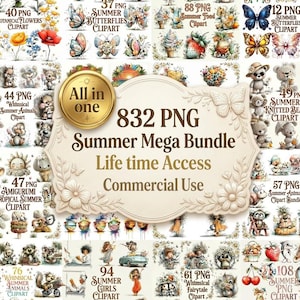 832 Whimsical Summer Clipart Mega Bundle, Watercolor Animals, Tropical & Beach PNG, Commercial Use