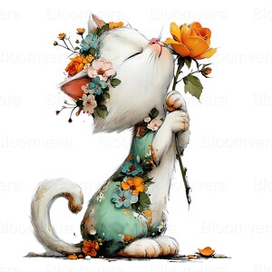 Op de afbeelding: Illustratie van een witte kat met gesloten ogen, versierd met bloemaccenten. De kat draagt een teal jurk met bloemdetails en houdt een grote oranje roos vast. De kat is omringd door bloemen in tinten oranje, roze en blauw.