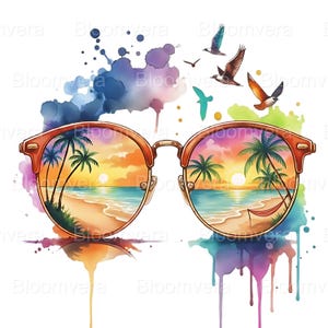 May include: Watercolor illustration of sunglasses with a beach scene reflected in the lenses. The scene includes palm trees, a sunset, and a hammock. Colorful paint splatters and birds complete the design.
