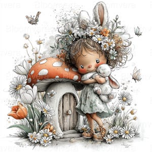 May include: A watercolour illustration of a girl with a bunny-ear headband and a floral crown, hugging a white bunny. She stands near a mushroom house with daisies and butterflies. The image has a soft, pastel colour palette.