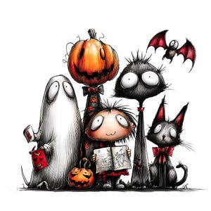 Könnte beinhalten: Eine skurrile Halloween-Illustration mit einem Geist, einer Kürbiskopffigur, einem Mädchen, einer großen schwarzen Kreatur, einer schwarzen Katze und einer Fledermaus. Die Charaktere sind in einem cartoonartigen Stil mit übertriebenen Merkmalen gezeichnet.