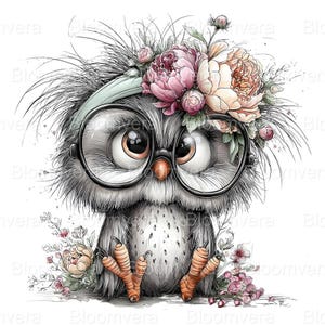 May include: A charming illustration of a grey owl adorned with black-framed spectacles and a floral crown featuring pink and peach peonies. The owl has large eyes and orange talons. Delicate pink flowers surround the owl, creating a delightful, artistic design.