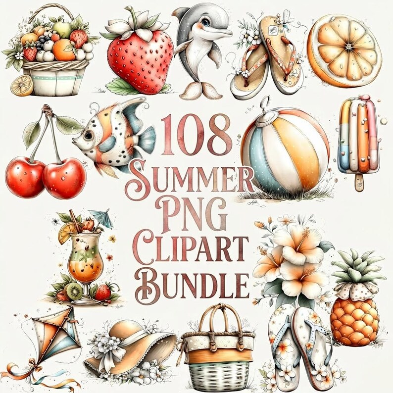 108 PNG Summer Beach Items Clipart Bundle, Food, Animals & Beach ...