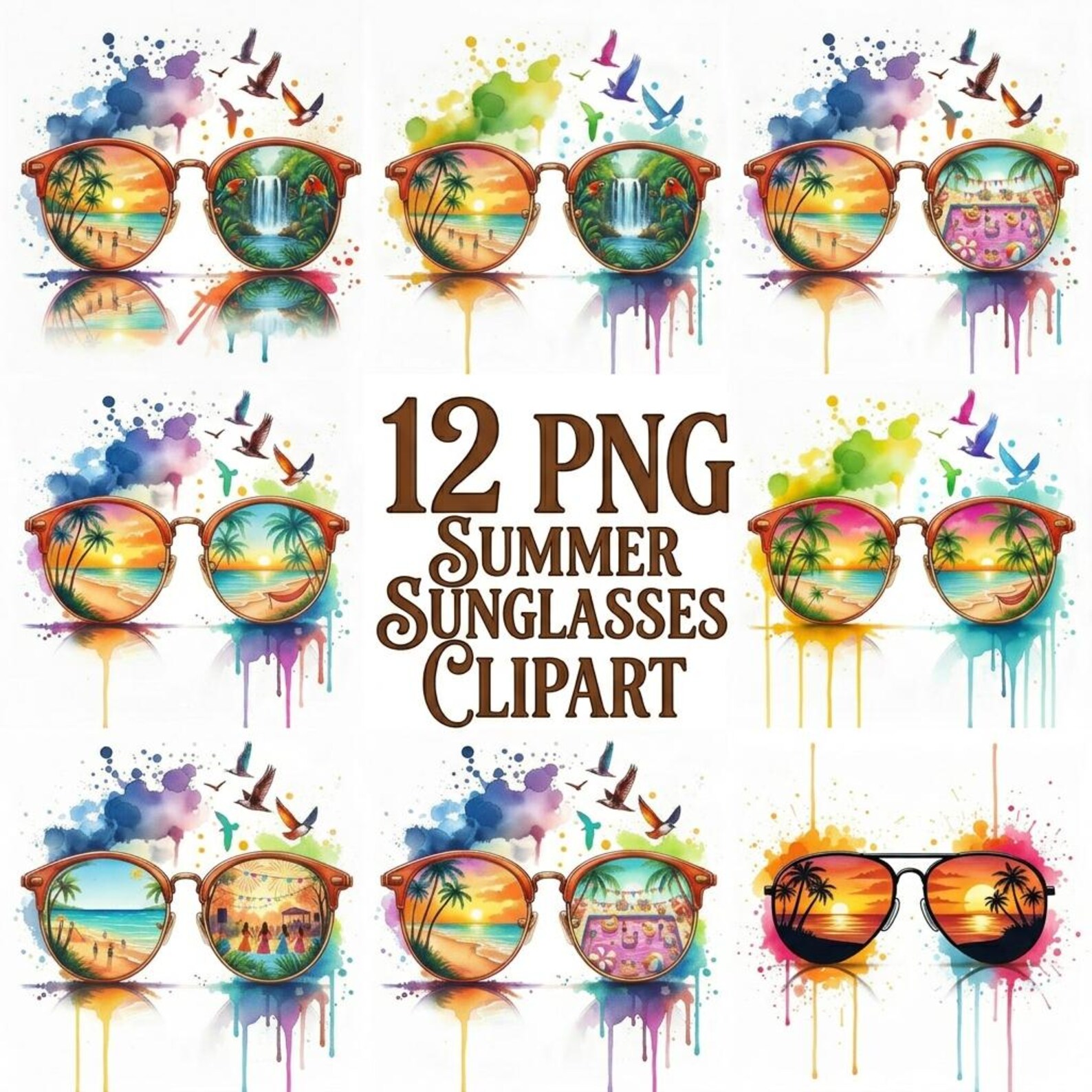 12 PNG Summer Sunglasses Watercolor Clipart Bundle, Tropical Beach ...