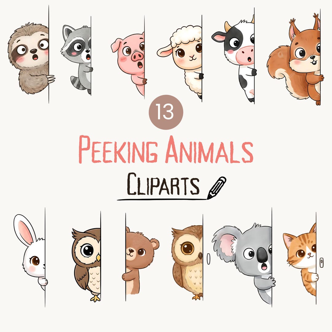 13 Peeking Animals Clipart Set, Cute Animal Faces PNG, Animals Clipart ...