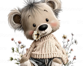 39 imágenes PNG de ositos de peluche caprichosos, arte infantil en acuarela, osito bebé bohemio neutro