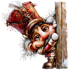 Peut inclure: Une figurine de casse-noisette avec un grand chapeau rouge orné d'une plume blanche, des cheveux bruns et une moustache. Le personnage regarde derrière un poteau en bois vertical, portant un uniforme rouge et blanc avec des détails dorés.