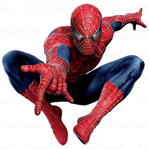 May include: A dynamic image of Spider-Man in a crouched pose, ready for action. The superhero is clad in a red and blue costume with a webbed design. His mask features white eyes, and he is extending his hand towards the viewer.