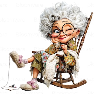 Puede incluir: Ilustración de una anciana sonriente guiñando un ojo, con gafas redondas grandes y sentada en una mecedora de madera. Viste un atuendo con estampado floral y zapatillas peludas, tejiendo con una bola de lana. Una manta blanca descansa sobre la silla.