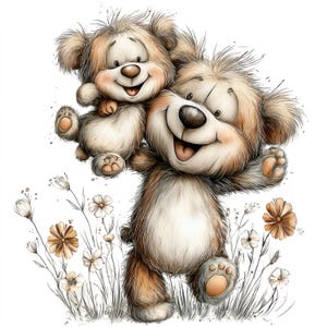 May include: A whimsical illustration of two teddy bears embracing, set against a backdrop of delicate wildflowers. The bears, rendered in warm brown and cream tones, exude joy with their wide smiles. The artwork has a soft, inviting aesthetic, perfect for children's decor or greeting cards.