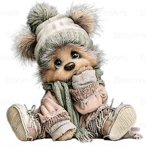 Pode incluir: Ilustração digital de um urso de pelúcia vestido para o inverno. O urso está usando um chapéu branco de malha com pompons, um cachecol verde e luvas combinando. O urso também está usando uma roupa rosa e sapatos bege.
