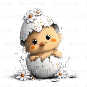 May include: A digital illustration of a baby chick hatching from a cracked egg. The chick is yellow with orange cheeks and is adorned with daisies. The eggshell is white with orange speckles, and the background is white.