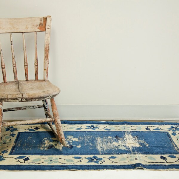 Worn Ivory and Blue Antique Peking Chinese Rug