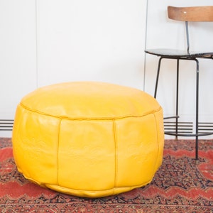 DISCOUNTED Antique Revival Leather Moroccan Pouf Ottoman Fly Yellow image 1