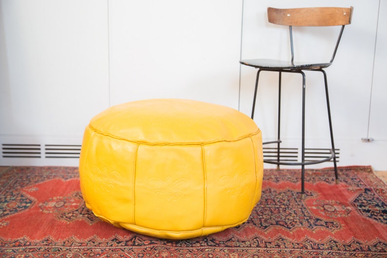 DISCOUNTED Antique Revival Leather Moroccan Pouf Ottoman Fly Yellow image 1