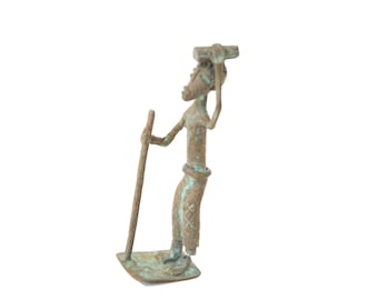 Vintage African Oxidized Copper Person Balancing Item on Head while Walking