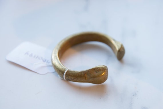 Antique African Bronze Snake Cuff Bracelet with G… - image 2