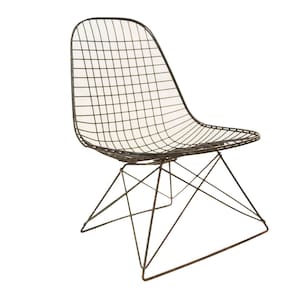 May include: A black wire chair with a geometric base. The chair is made of a wire mesh and has a simple, modern design.