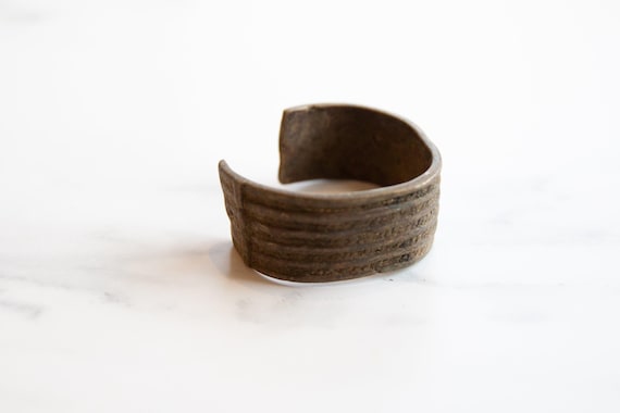 Antique African Bronze Stripe Design Cuff Bracelet - image 2