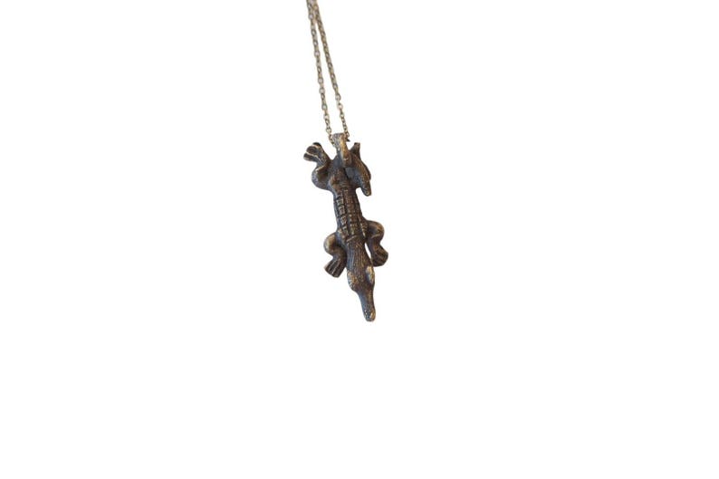 Vintage African Dark Bronze Crocodile Pendant Necklace image 1