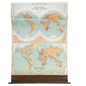 Vintage Nystrom Wandkarte der Welt in Halbkugeln