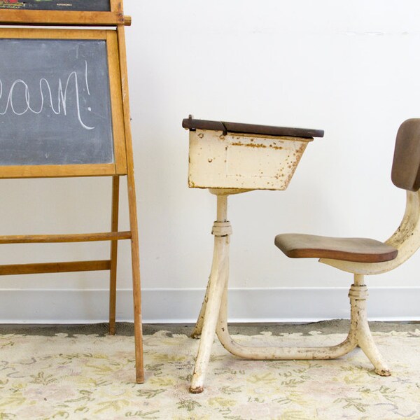 Primitive Industrial Metal School Desk and Chair