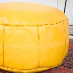 DISCOUNTED Antique Revival Leather Moroccan Pouf Ottoman Fly Yellow image 3