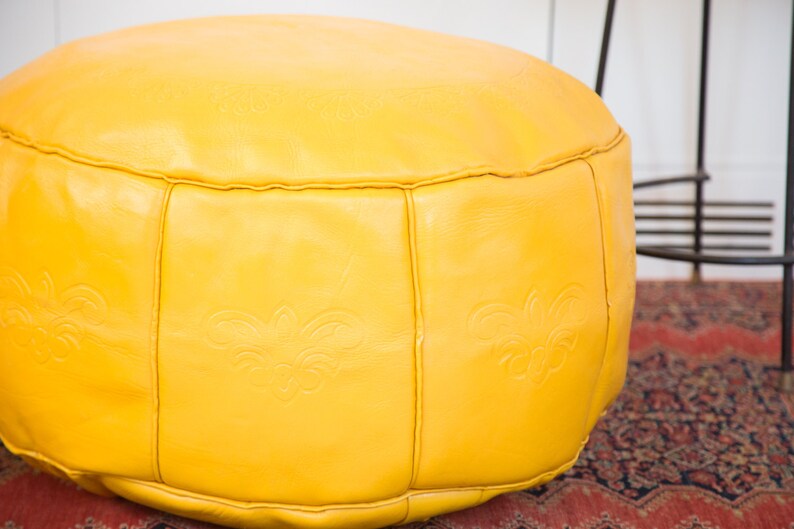 DISCOUNTED Antique Revival Leather Moroccan Pouf Ottoman Fly Yellow image 3