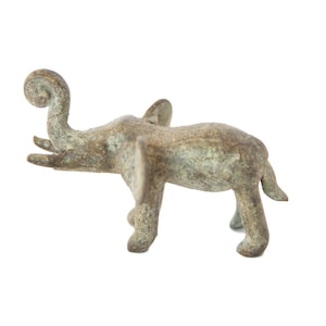 May include: A small, green bronze elephant figurine with its trunk curled up. The figurine is standing on a white background.