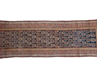 Puede incluir: Una alfombra larga y estrecha con un fondo azul oscuro y un patrón repetitivo de motivos florales estilizados en tonos de rojo, blanco y crema. La alfombra tiene un borde rojo y crema con intrincados diseños florales.