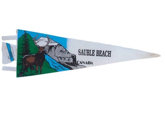 May include: A white pennant with a blue and green image of a mountain, a lake, and a deer. The text "SAUBLE BEACH CANADA" is printed on the pennant.