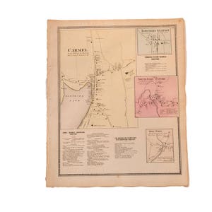 May include: An antique map of Carmel, New York, showing the town's layout and surrounding areas. The map includes details like roads, buildings, and bodies of water. The map is printed on aged paper with a cream background and black text.