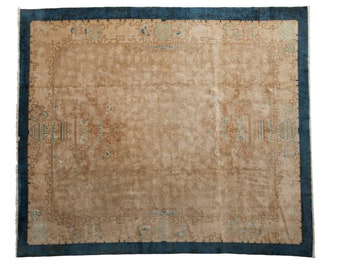 May include: A vintage rug with a beige background and a blue border. The rug has a faded floral pattern and a geometric design in the border.