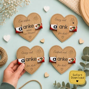 May include: Four heart-shaped kraft paper cards, each featuring a small chocolate bar with a wrapper labeled 'anke'. The cards display German text including 'Ein s&uuml;&szlig;es Dankesch&ouml;n von Herzen', 'Ganz viel Dank f&uuml;r dich', and 'Einfach mal Danke f&uuml;r dich'.