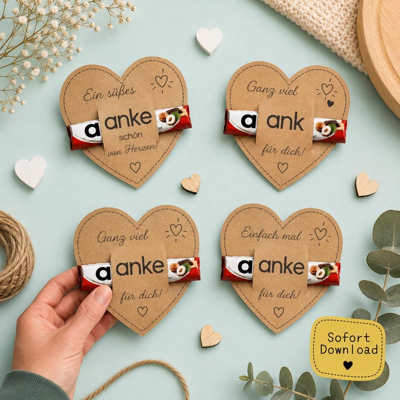 May include: Four heart-shaped kraft paper cards, each featuring a small chocolate bar with a wrapper labeled 'anke'. The cards display German text including 'Ein s&uuml;&szlig;es Dankesch&ouml;n von Herzen', 'Ganz viel Dank f&uuml;r dich', and 'Einfach mal Danke f&uuml;r dich'.