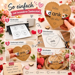 May include: A DIY craft tutorial graphic showing four steps to create heart-shaped chocolate bar holders. The steps include printing templates on A4 paper, cutting out the hearts, inserting a chocolate bar, and gifting the finished item.