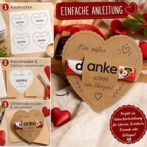 May include: A heart-shaped brown paper card with scalloped edges featuring the printed text "danke sch&ouml;n von Herzen!" and a small heart icon. A chocolate bar is inserted through two slits in the center of the card, which serves as a gift tag.