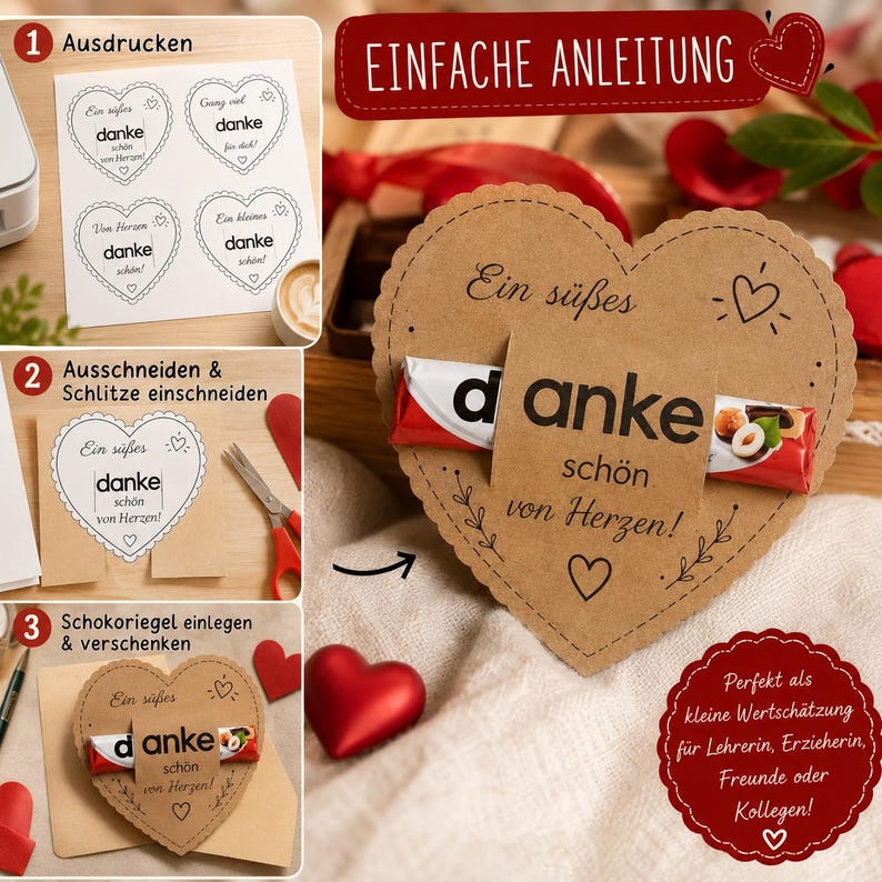 May include: A heart-shaped brown paper card with scalloped edges featuring the printed text "danke sch&ouml;n von Herzen!" and a small heart icon. A chocolate bar is inserted through two slits in the center of the card, which serves as a gift tag.