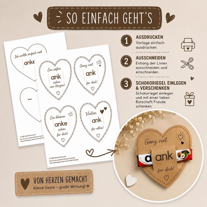 May include: A printable template featuring heart-shaped gift tags with the text "danke" and German phrases. The instructions show three steps: print, cut, and insert a chocolate bar. A circular inset displays a finished heart tag holding a chocolate bar.
