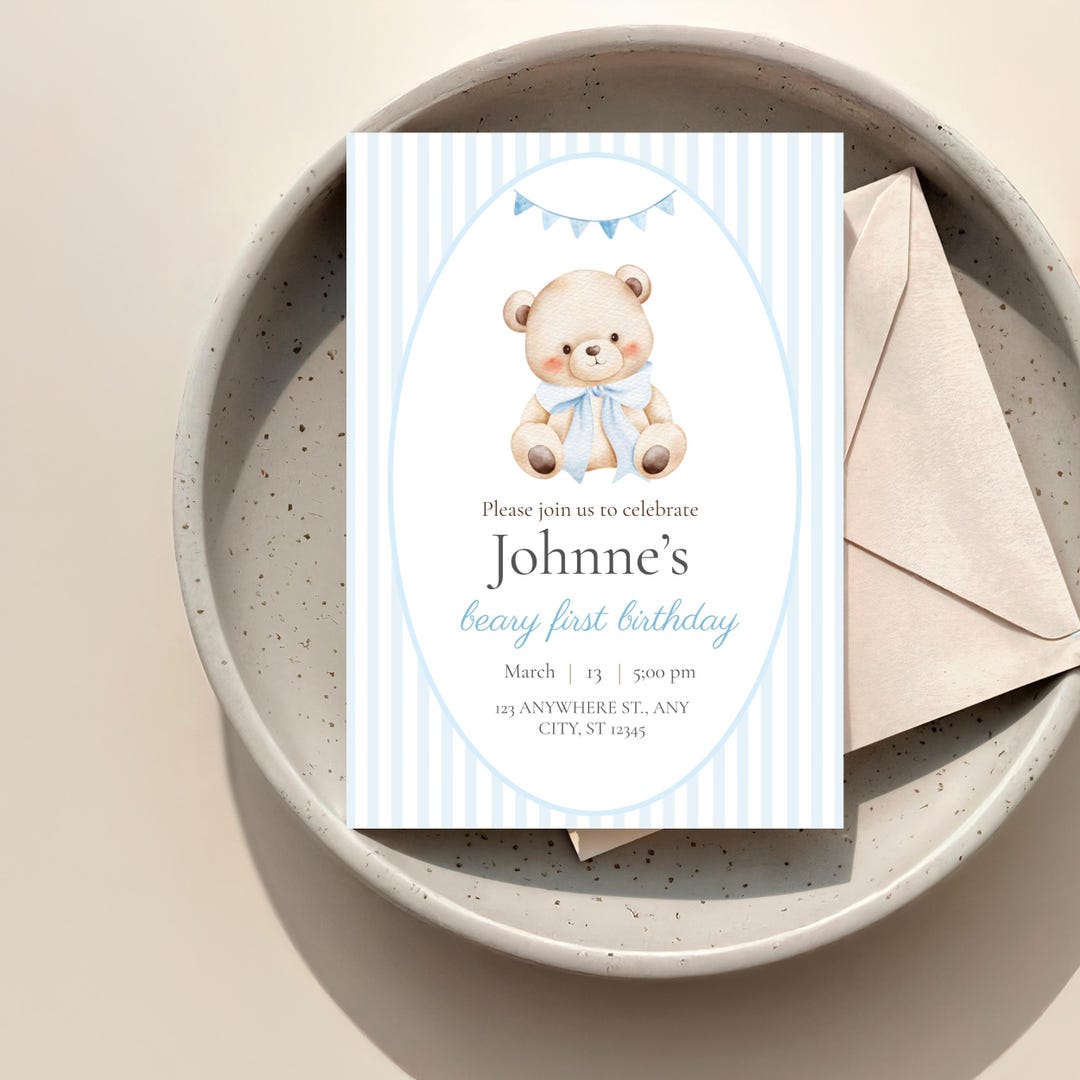 Blue Teddy Bear Invitation, Birthday Boy, Beary First Birthday, Canva ...