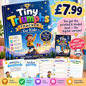 Może przedstawiać: Książka Tiny Triumphs Tracker for Kids z ciemnoniebieską okładką przedstawiającą dziecko na szczycie góry. Zestaw zawiera wersję cyfrową oraz drukowane strony do zapisywania celów, codziennych sukcesów i śledzenia nawyków z ikonami.