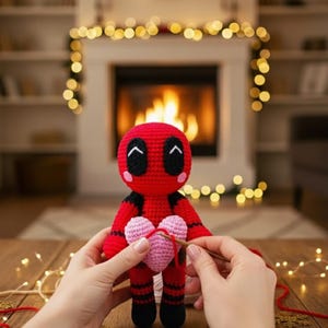 May include: A handmade red amigurumi doll with black accents and a pink heart. The doll has black eyes and is being stitched with red yarn. The background features a fireplace and decorative lights, suggesting a cozy, handcrafted theme.