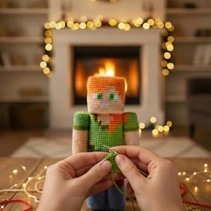 Peut inclure: Une figurine crochetée d'un personnage avec une tête orange, une chemise verte et un pantalon bleu. La figurine est crochetée avec du fil vert et un crochet. L'arrière-plan comprend une cheminée, des guirlandes lumineuses et une table en bois.