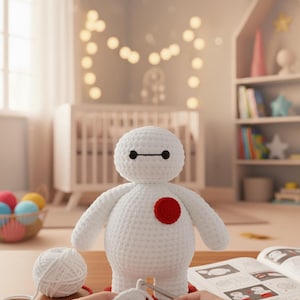 May include: A handmade white crochet doll with a red circle on its chest and black eyes. The doll is on a wooden surface, with yarn and crochet tools nearby. The background includes a crib and a bookshelf, suggesting a nursery setting.